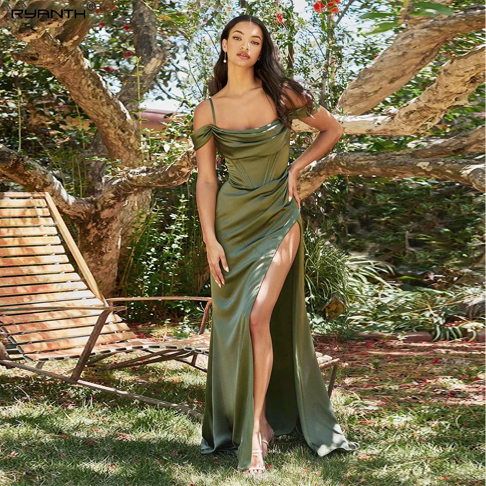 

Ryanth Olive Green Mermaid Prom Dresses High Slit Off Shoulder Sexy Evening Dress Women Pleated Party Gown robes de soirée 2024