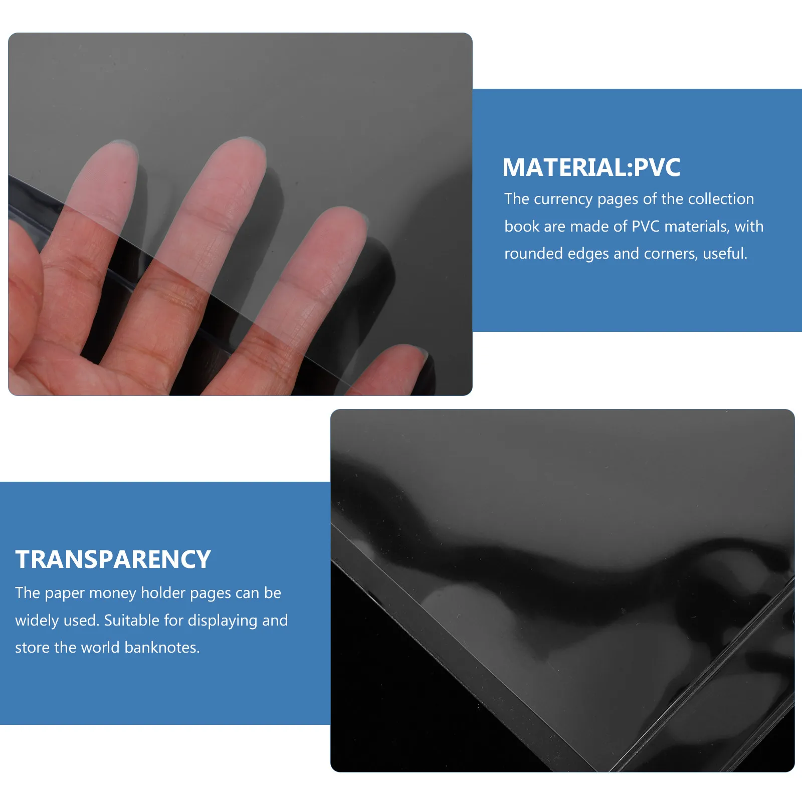 투명 PVC 지폐 수집용 앨범 페이지, 휴대용 지폐 보관 시트, 모서리가 둥근 투명 보호 시트