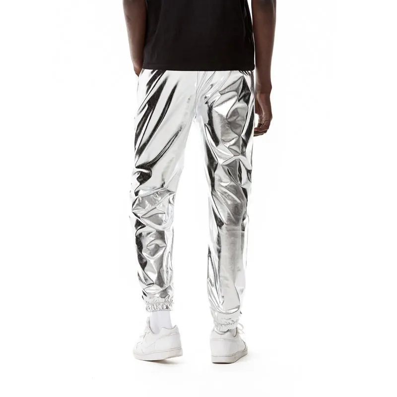 Men Jogger Sweatpants Shiny Silver Metallic Hip Hop Wet Look