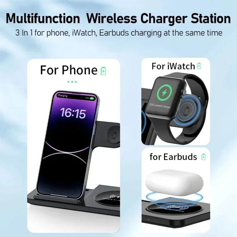 3 in 1 Wireless Charging Station for Apple Devices Foldable Fast Charger Stand for iPhone iWatch AirPods Pro with Night Light thumbnail 5