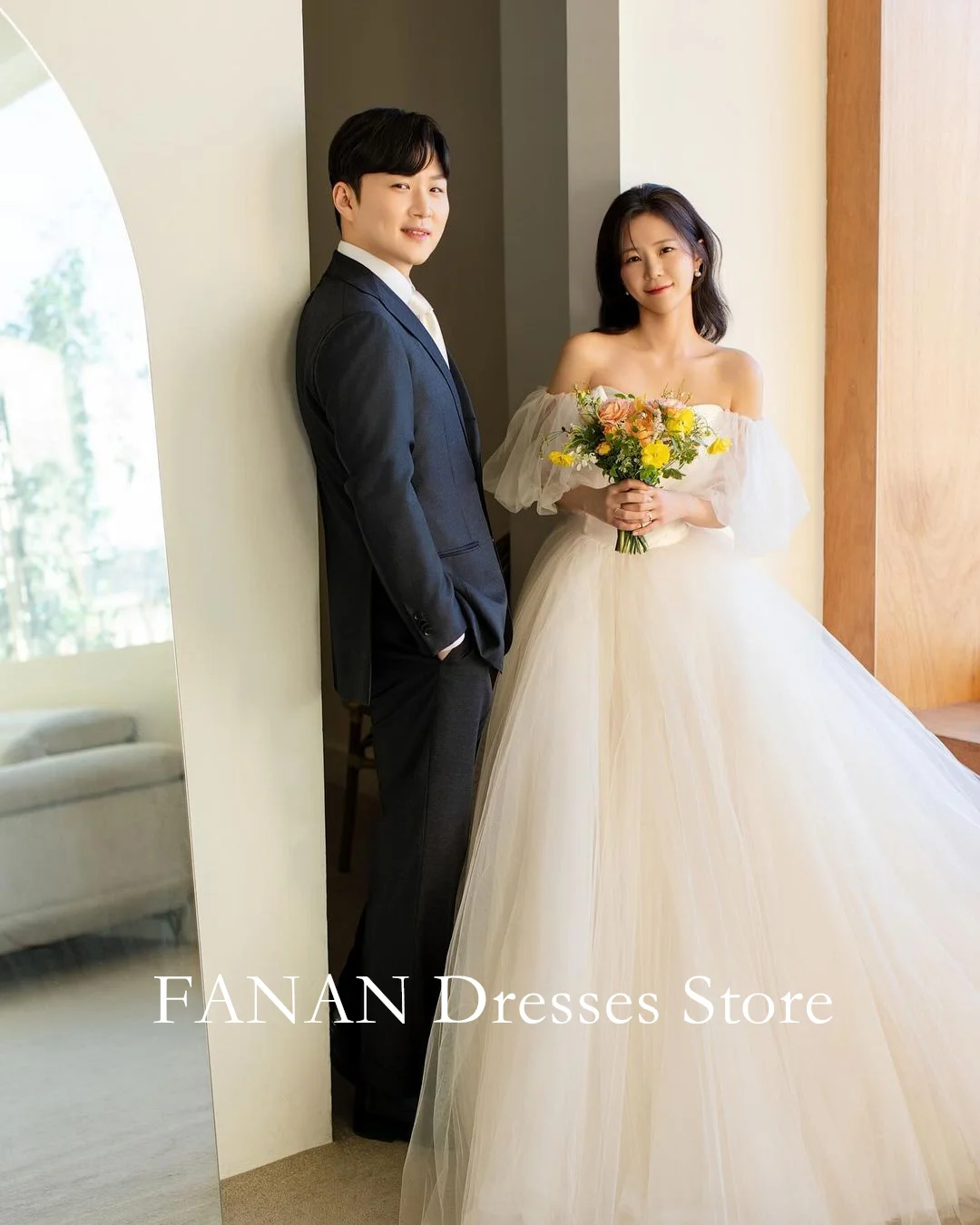 

FANAN Korea Ivory Off Shoulder Elegant Tulle Wedding Dresses 웨딩드레스 A-Line Corset Puffy Sleeve Custom Made Bride Gowns Plus Size