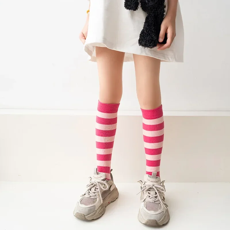 1 Pair Kid Girl Sock Y2K Style Retro Knee High Sock for Toddler Girl Solid Color Series Striped Calf for Children