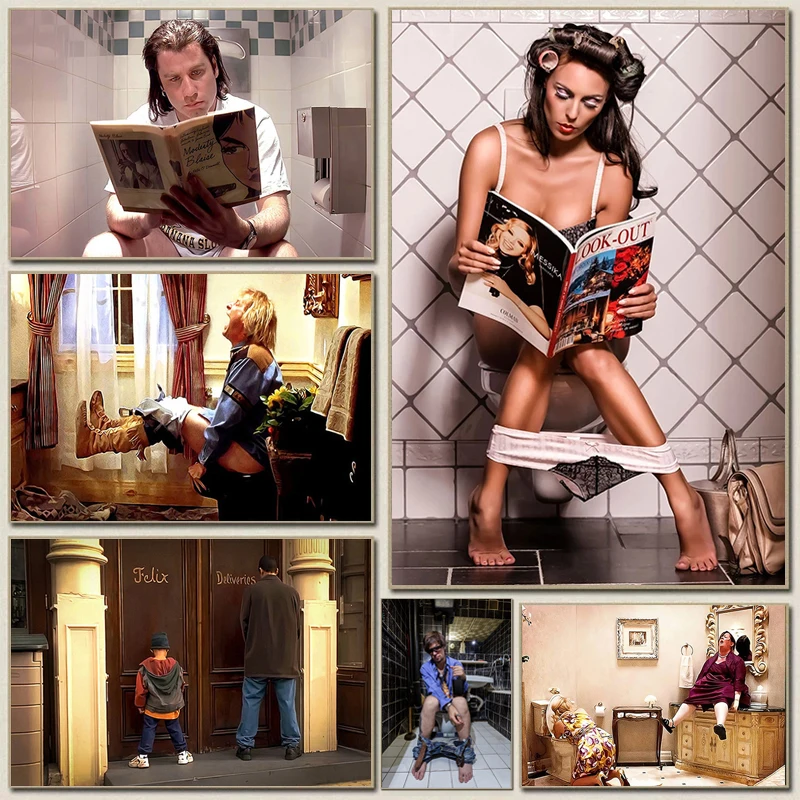 Toilet Poster Pulp Fiction Canvas Painting Wall Picture Art Funny Figure Print Modern Bathroom Home Decor Cuadros Frameless