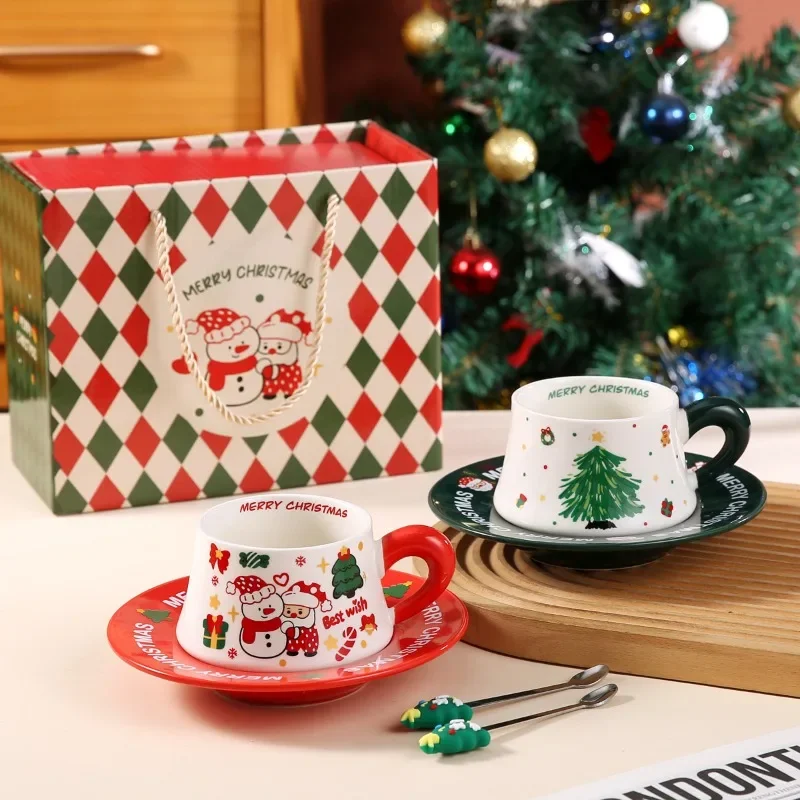 New Christmas Ceramic Coffee Cup and Dish Set, Household Ceramic Water Cup, Makeup Cup, Gift Box, Christmas Gift lijiao