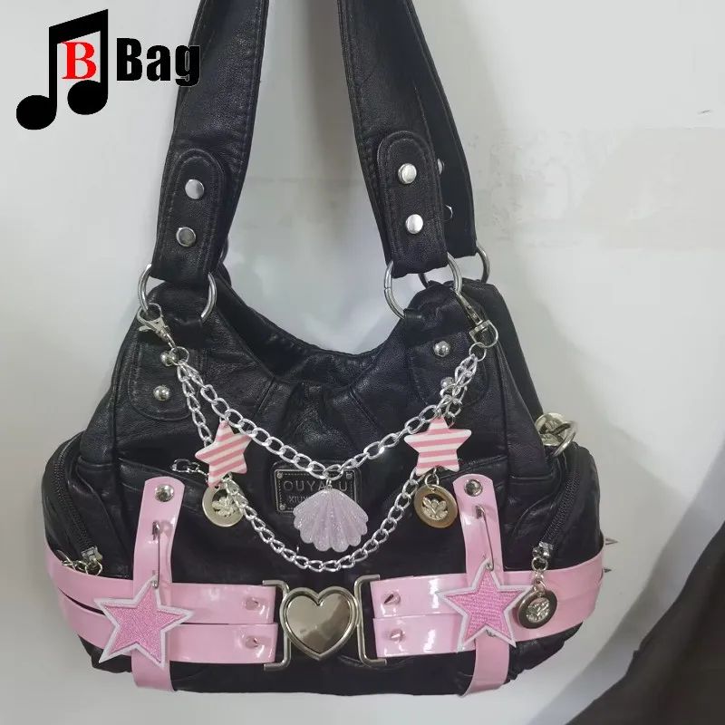 Retro Y2K women's handbag PINK star Large capacity Gothic