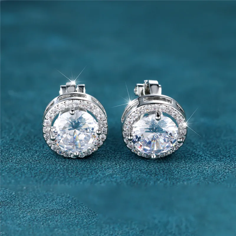 Classic Four Claw Round Stone Clip Earring Luxury Crystal White Zircon Earrings For Women Men Simple Trendy Silver Color Jewelry