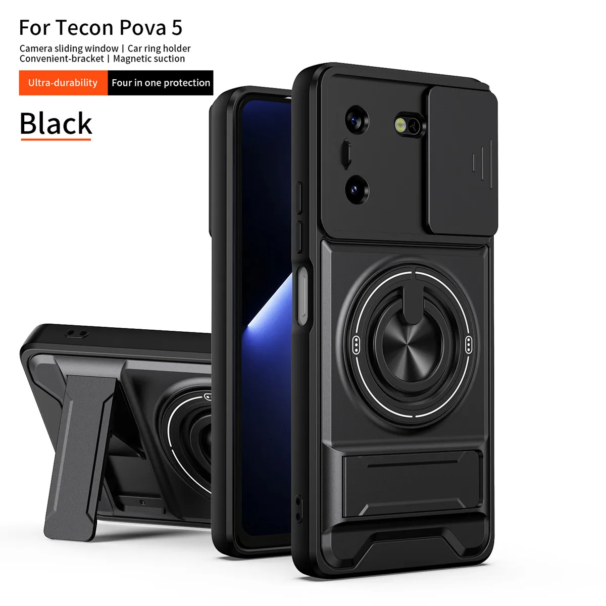 Armor  Phone Case with Slide Camera Protection and Magnetic Holder Ring Stand