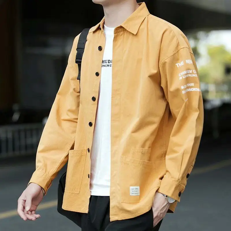Spring Autumn New Solid Color Letter Printing Shirt Man High Street Casual Loose Button Cardigan Long Sleeve All-match Y2K Tops