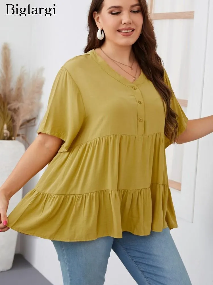 

Plus Size Summer Tops Women Ruffle Loose Casual Pleated Ladies Blouses Loose Fashion V Neck Woman Tops 2023