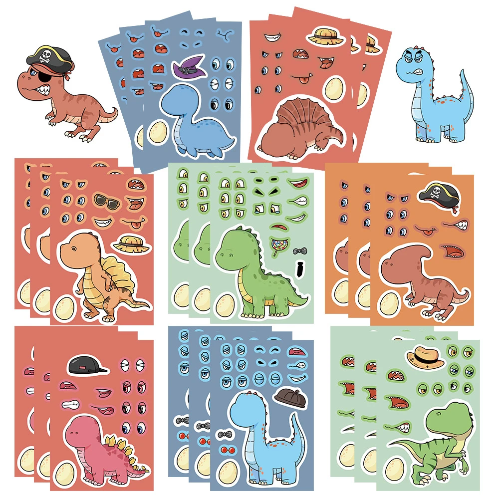 8/16Sheets Cute Make a Face Dinosaur World Puzzle Stickers Games Funny DIY Assemble Jigsaw Craft Sticker Kids Education Toy Gift free shipping 10pcs sublimation blank puzzle diy craft heart jigsaw puzzle