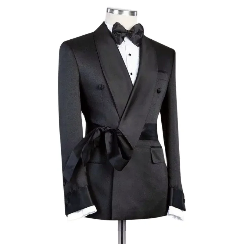 Men Suit Jacket with Plain Black Belt Double Breasted Shawl Lapel Slim Fit Wedding Groomsmen Smoking Fashion Blazer