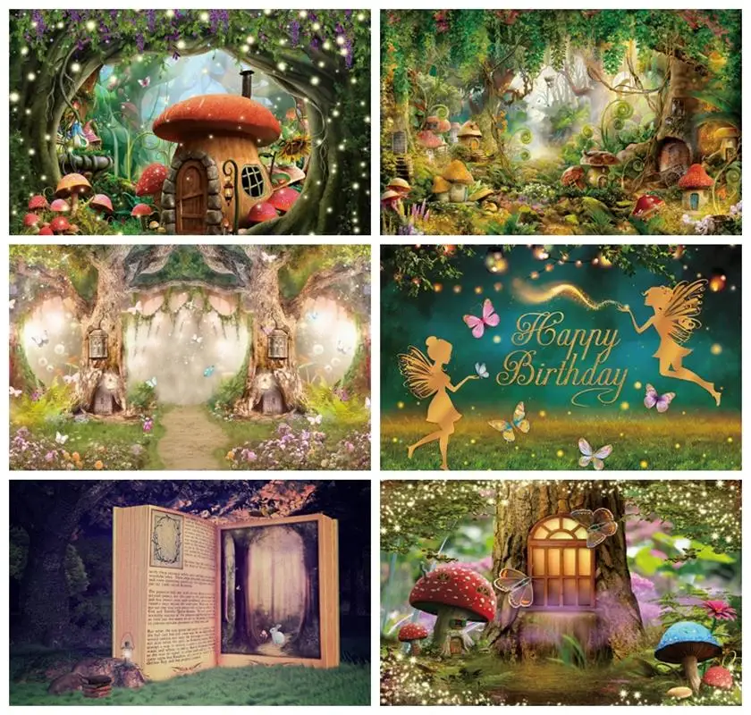 Laeacco Fairy Tale Forest Backdrops Trees Grassland Mushroom Elves Baby Birthday Portrait Photography Backgrounds Photo Studio photo backdrop