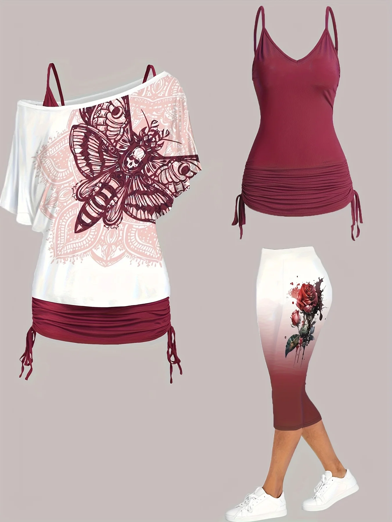 801946-a6c959.jpeg Plus Size Burgundy Butterfly Print Oversize For Women Off-Shoulder Jacket Solid Color Suspenders Pants Three-Piece Lady Suit - Image 1