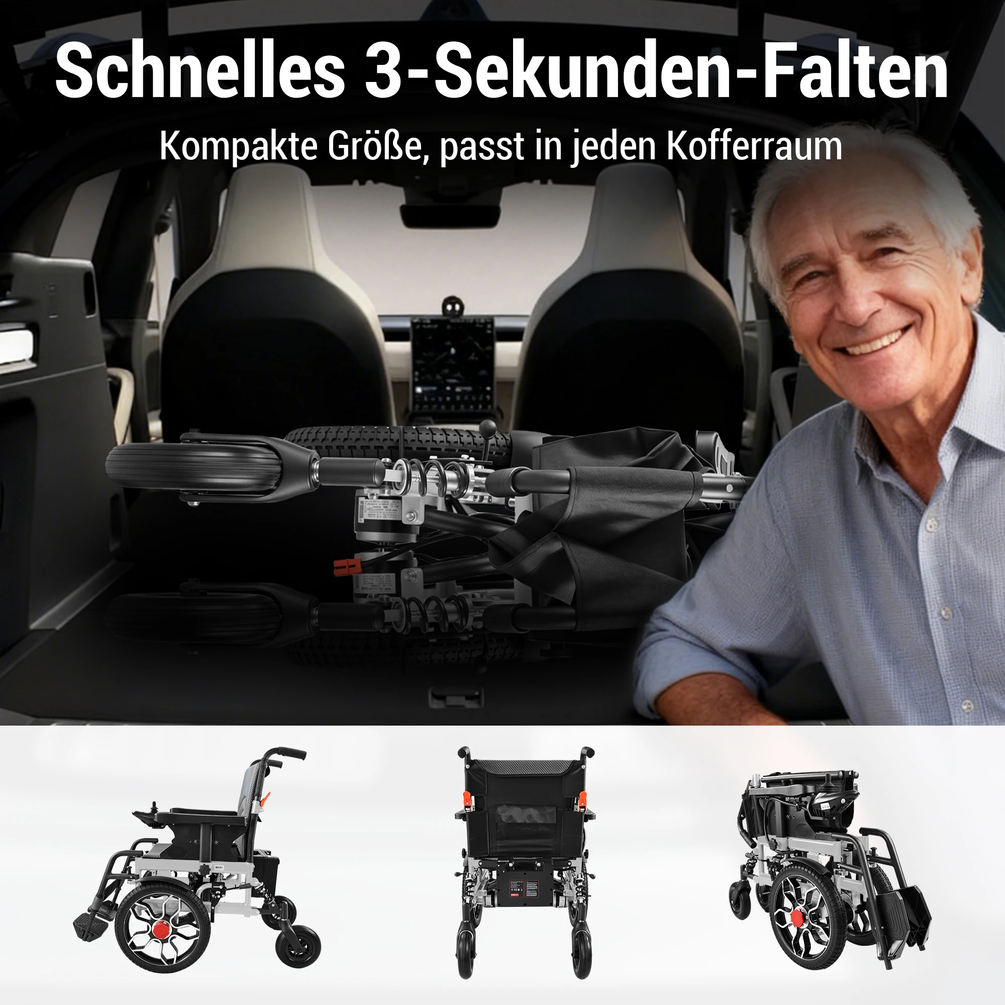Elektrischer Rollstuhl, faltbar, Tragfähigkeit bis zu 150 kg, 500-W-Motor, 20 km Reichweite, 40-cm-Reifen für jedes Gelände und einfachen Transport – Detail 10
