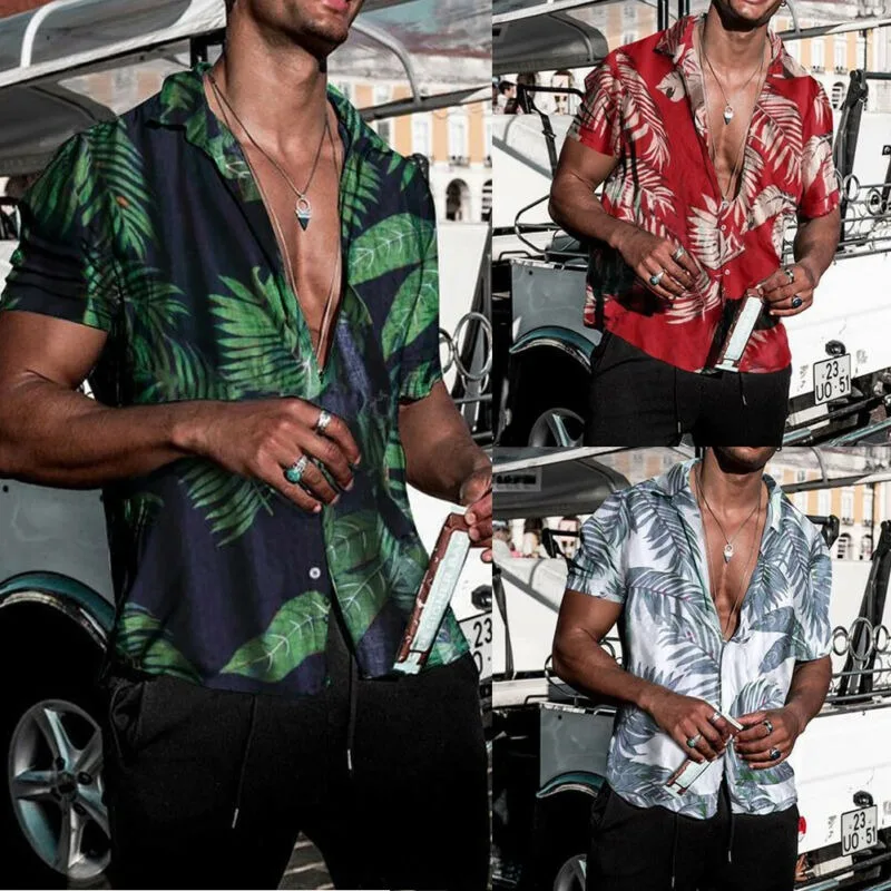 

New Hawaiian shirt men's summer flower print beach short sleeved casual refreshing open navel shirt top holiday