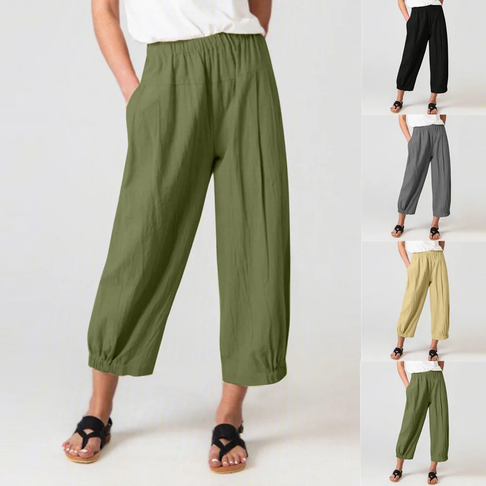 

Women's Loose Harem Pants High Waist Cotton and Linen Nine Point Shorts Wide Leg Pants Casual Capris