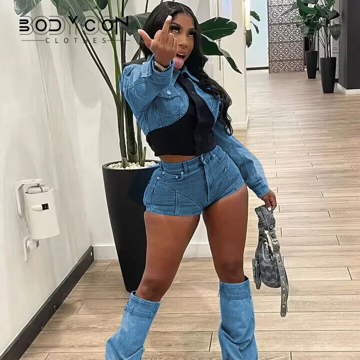 

BODYCON Street Denim Women's Set Long Sleeve Mini Jacket and Jeans Shorts 2023 Summer Chic Two 2 Piece Set Outfits Tracksuit