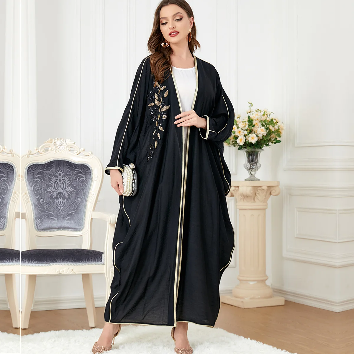 

Muslim Abaya Dubai Dress Moroccan Caftan 2023Batwing Sleeve Gulf Robe Loose Jalabiya Turkish Dresses Appliques Gown Islam