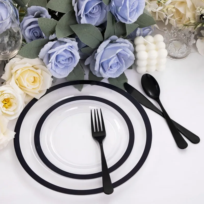 120pcs Clear and Black Plastic Plates Black Plates Disposable Including 60 Dinner 10.25'' & 60 Dessert 7.5'' party tableware disposable food trays