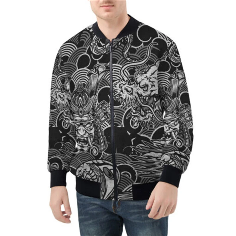 Chaqueta de primavera y otoño para hombre, con estampado 3D de máscara de samurái Oni y tatuaje, con cremallera por todas partes, chaquetas de bombardero para hombre, abrigos casuales unisex, ropa gen