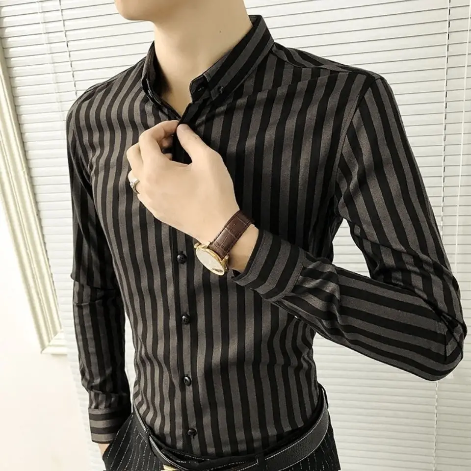 

Autumn New Korean Fashion Casual Button Down Shirt Men Designblouse Brand Slim Fit Man Shirts Long Sleeve Striped Tops B160
