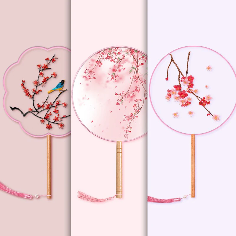 Chinese Round Hand Fan Vintage Printing Silk Fan Ancient Tassel Dance Hand Cheongsam Tang Suit Wedding Party Accessories hand fan silk fans