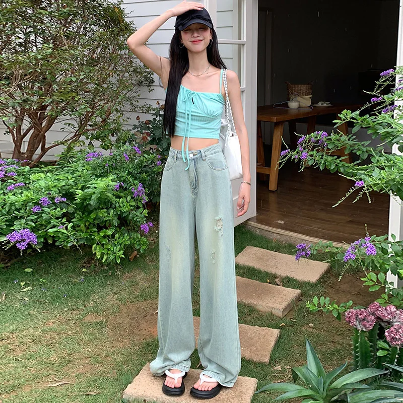 Denim Planet Distressed Wide Leg Jeans Summer New Straight Fit Loose Fit High Waist Slim Fit and Floor Mopping Women's Jeans