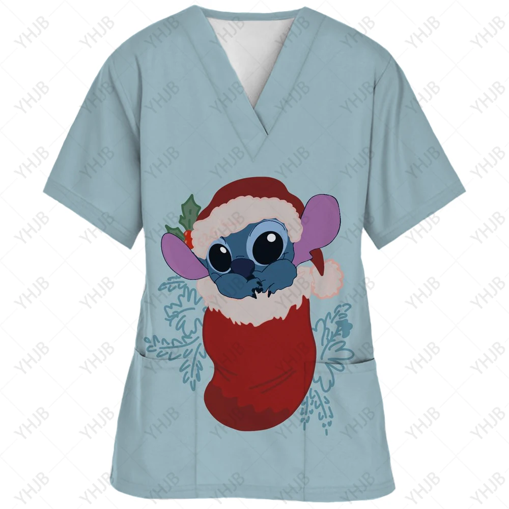 thumbnail image 1 of Blusa de uniforme de trabajo con cuello en V y cordón de manga corta con estampado de dibujos animados de Disney Stitch para mujer, 1 of 5