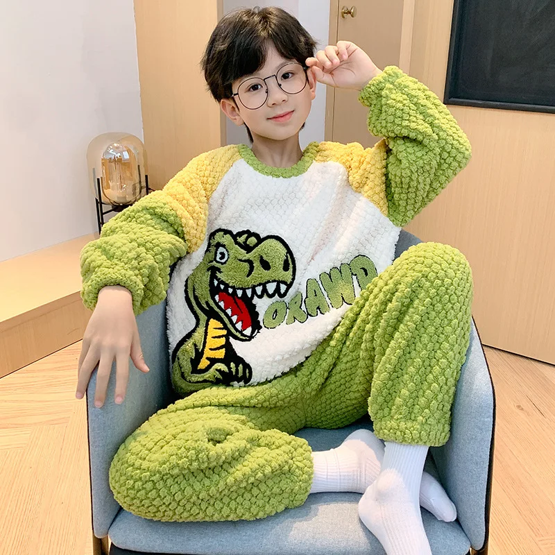 بيجامات أطفال للأولاد 2 3 4 5 6 7 8 9 10 11 12 14 سنة طقم ملابس نوم من الفلانيل بيجامات ديناصور ملابس بيجامات أطفال خضراء