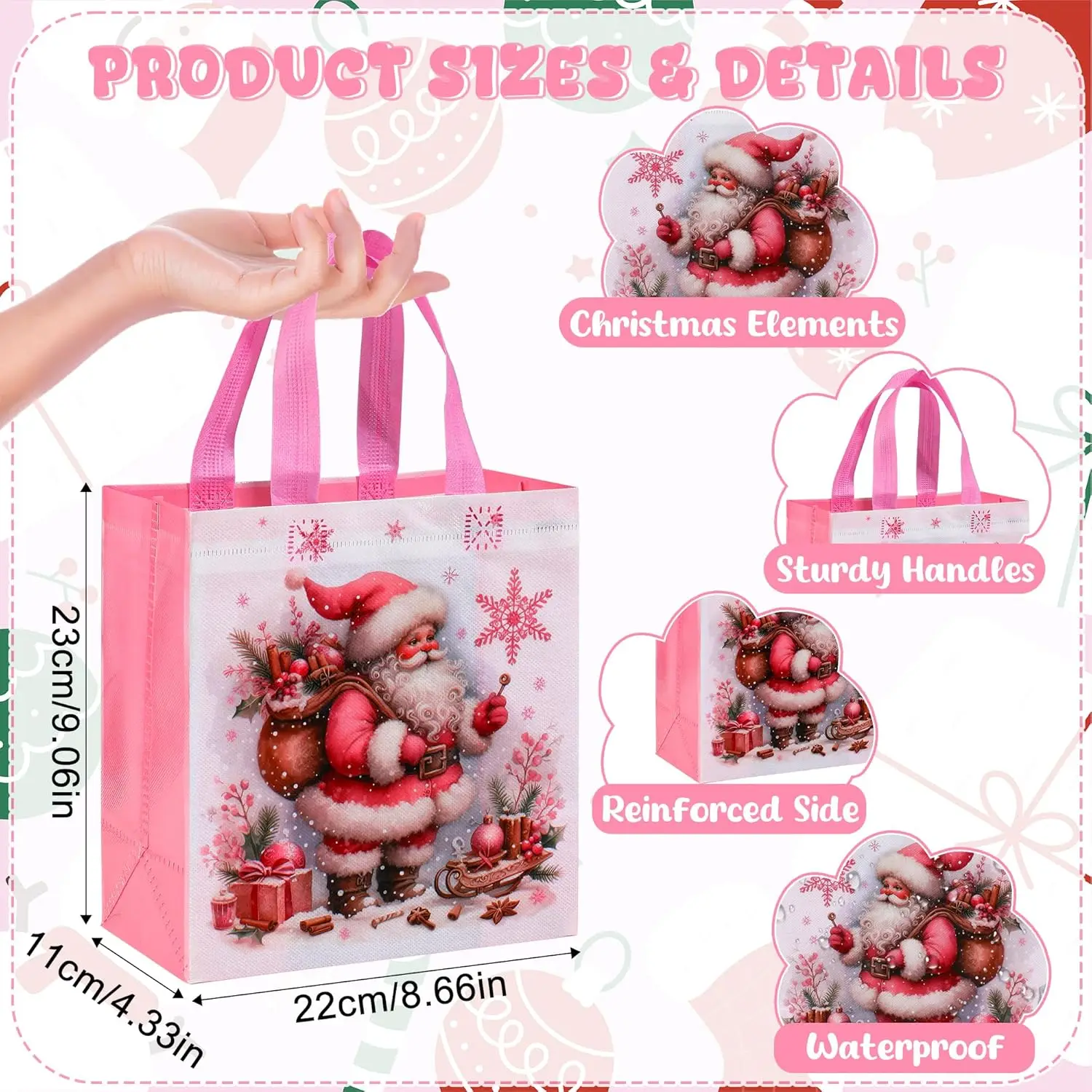 Non-Woven Christmas Gift Bags For Children Reusable Pink Christmas Bag With Handle Santa Claus Reindeer Berries Pattern Tote Bag