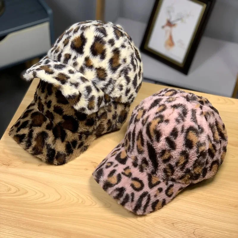 Women Hat Autumn And Winter Mink Fur Thick Warm Leopard Print Duckbill Hat Youth Casual Baseball