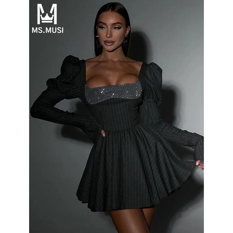 

Новинка 2024, модное женское сексуальное платье MSMUSI в полоску, с блестками и стразами, с драпировкой, с длинным рукавом, облегающее мини-платье для клуба, мероприятия, платья