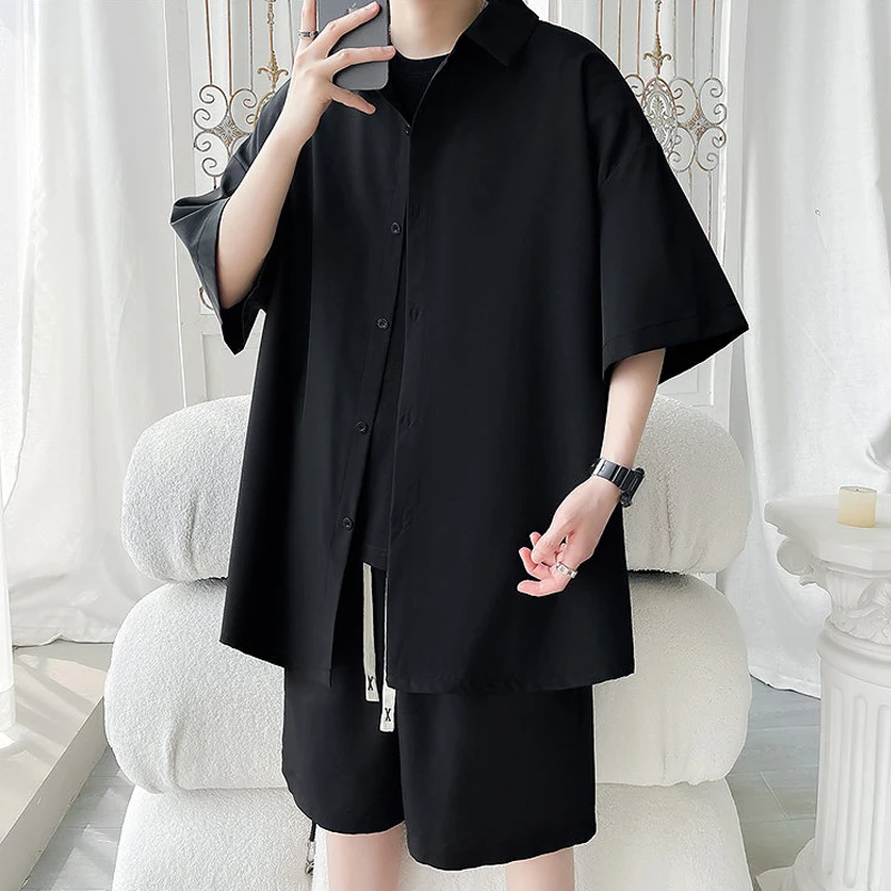 LEGIBLE Summer Shirts Men Loose Thin Cotton Short Sleeve Shirts Male Fashion Stand Solid Color 4XL 5XL