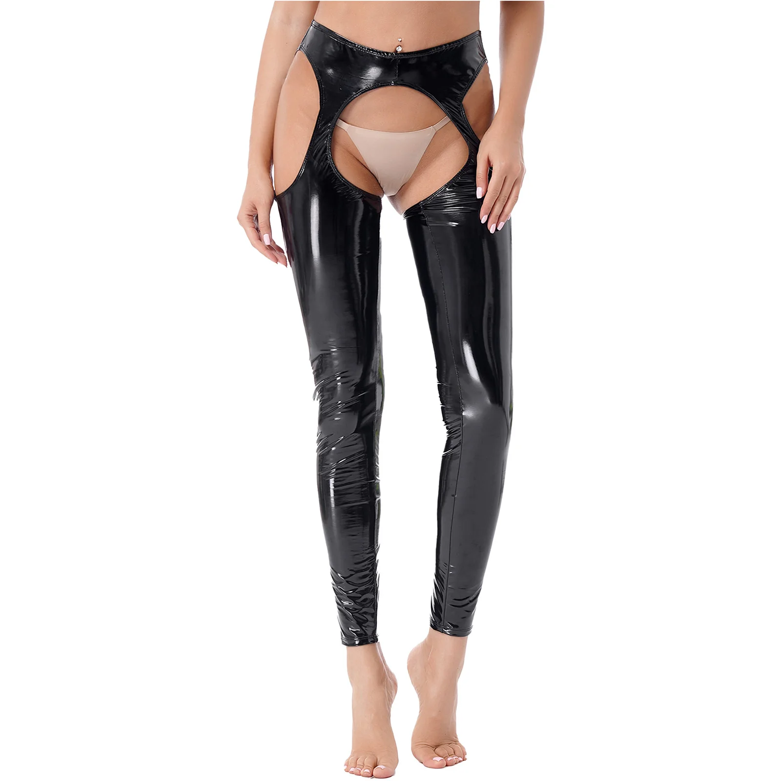 Women Leggings Womens Erotic Pants Wet Look High Waist Cutout Leggings Crotchless Open Butt Patent Leather Skinny Pants Leggings Clubwear Party