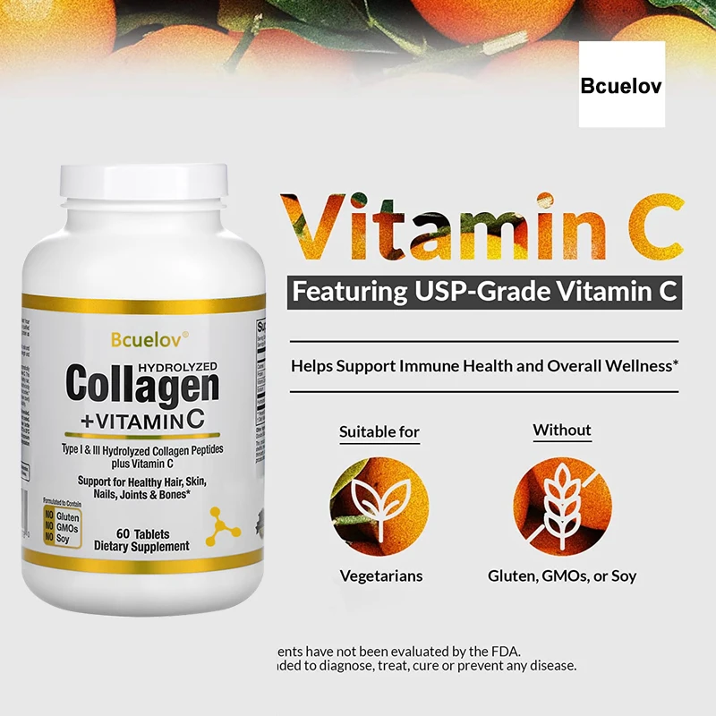 Bcuelov Type I & III Hydrolyzed Collagen Peptides Plus Vitamin C Supports Healthy Hair, Skin, Nails, Joints & Bones