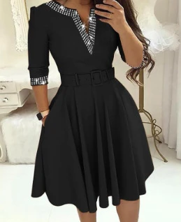 

Dress for Women Streetwear 2023 Autumn and Winter Elegant Waist Wrapped Mid Long Sleeve Solid V-Neck Fashion Dresses with Belt