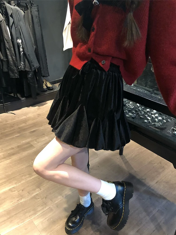 Lautaro Spring Summer Cute Black Soft Velvet Mini Puffy Dress Women with High Elastic Waist Short Kawaii Pleated Flare Skirts green skirt Skirts