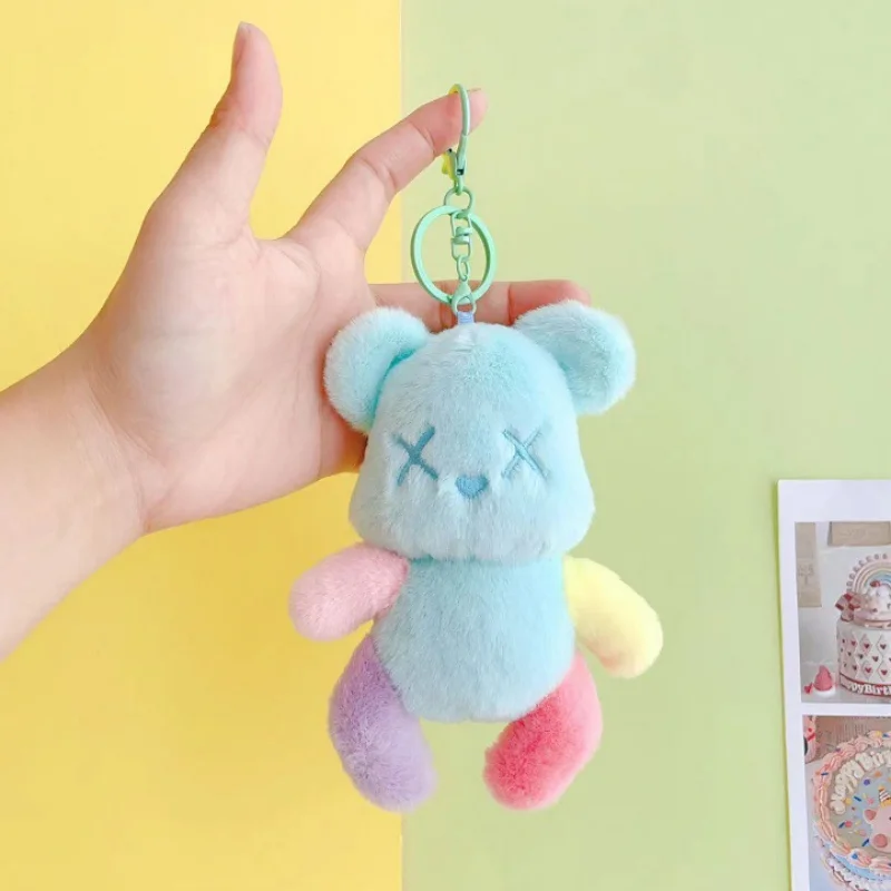 14cm 귀여운 도파민 곰 플러시 키 체인 Kawaii 다채로운 곰 키 체인 동물 열쇠 고리 자동차 키 액세서리 여자 여자 가방 펜던트