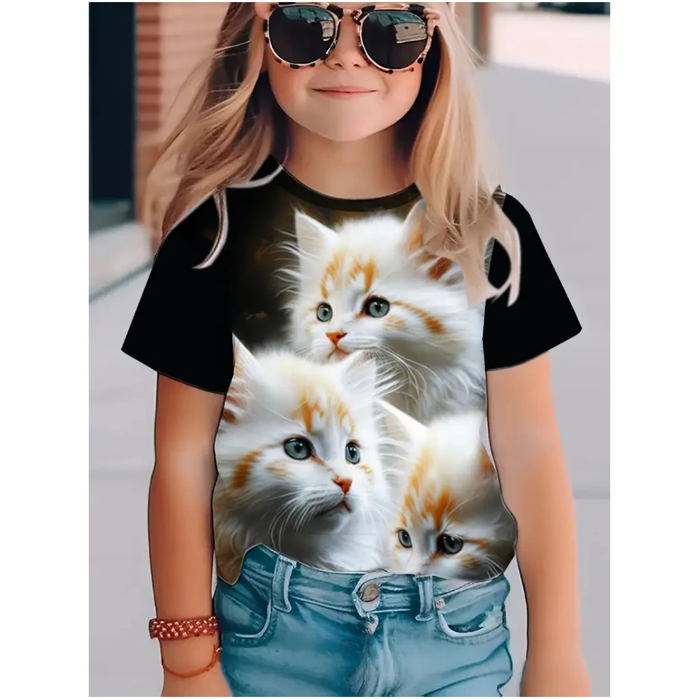 Mädchenkleidung, süße Katze, kurze Ärmel, grafische T-Shirts, 3D-Druck, Sommer-Outdoor-Kleidung für Kinder, Tops, T-Shirt für Mädchen, 2–10 Jahre