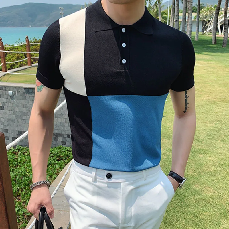 남성용 폴로 셔츠 슬림 피트 스트라이프 스티치 비즈니스 캐주얼 셔츠 남성용 패션 셔츠 니트 폴로 셔츠 여름 필수품