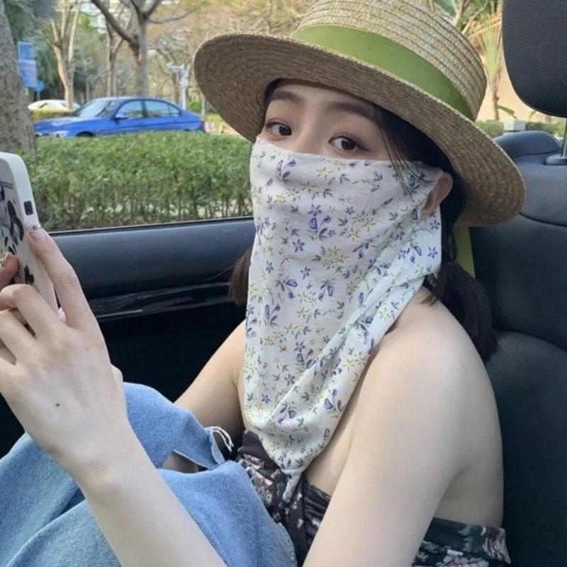 Women's Floral UV Protection Face and Neck Cover with Integrated Sunscreen, Ice Silk Fabric