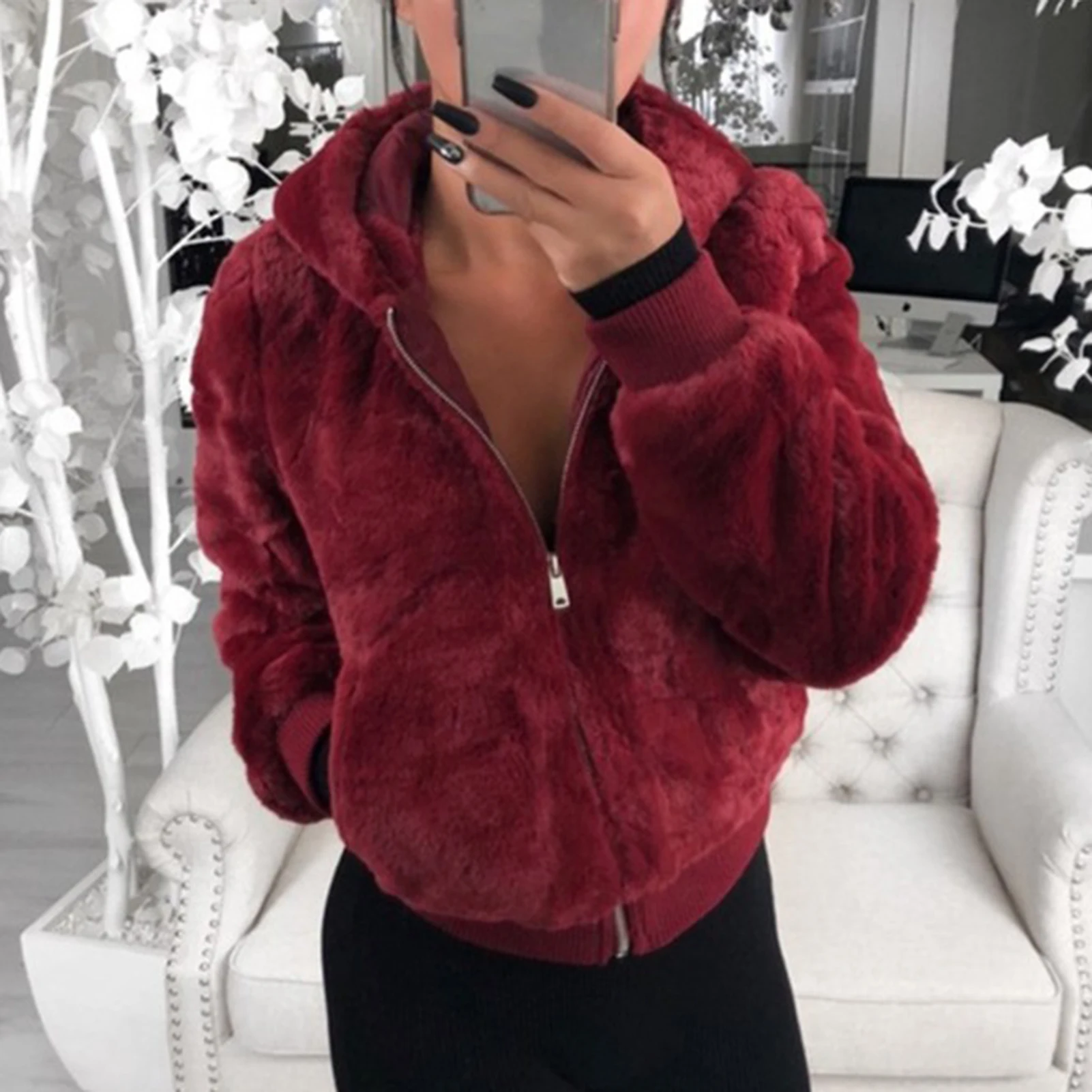 

Plush Jacket Zipper Closure Thickened Elastic Cuff Women Hoodie With Pocket Outwear casacos de inverno feminino jaqueta feminina