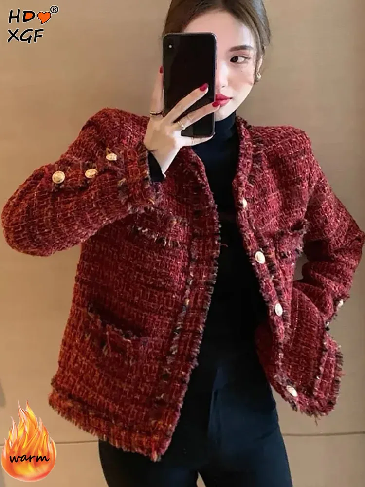 

Korean Fashion O-neck Single Breasted Red Jacket For Women Autumn Winter Thickening Tweed Plaid Warm Coat Loose All-match Jacket
