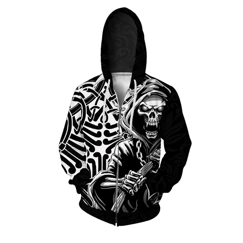 thumbnail image 1 of Sudadera con capucha y cremallera con máscara de fantasma y esqueleto impresa en 3D para hombre, sudaderas con gráficos de esculturas, sudaderas casuales holgadas con capucha de manga larga, 1 of 4