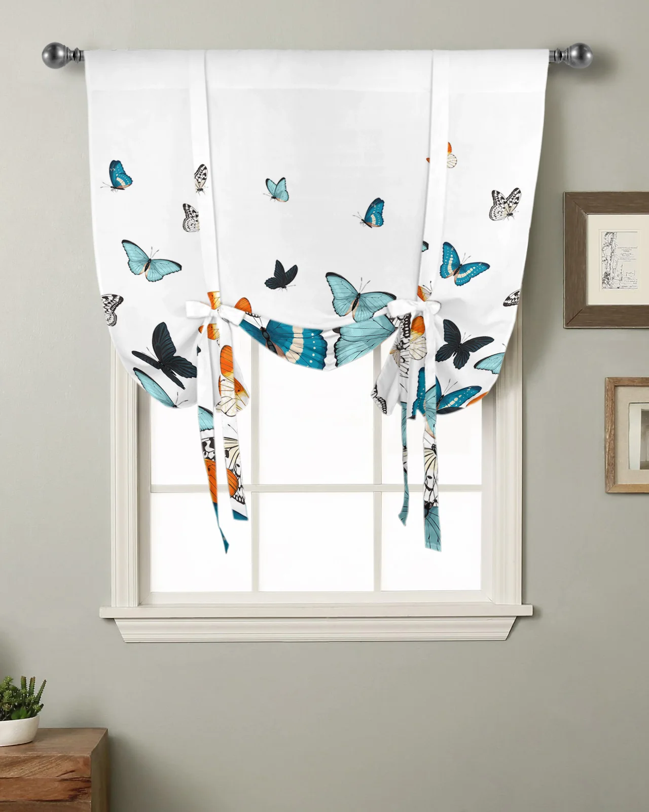 

Pastoral Butterfly Gradient Kitchen Short Window Curtain Rod Pocket Curtains Home Decor Room Small Window Roman Tie Up Curtains