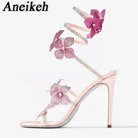 Aneikeh Sexy CRYSTAL Flower Narrow Band Ankle Strap Sandals Woman Thin High Heels Street Style  Pole Dancing Ladies Shoes - Image 4