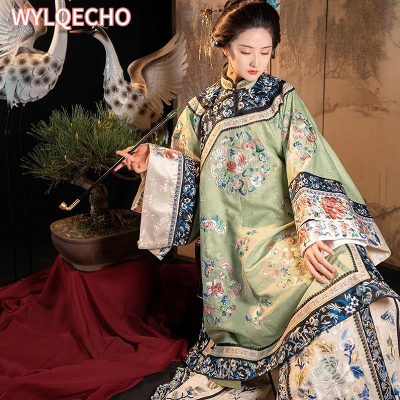 

5 Color Retro Heavy Industry Antique Clothes Women Qing Dynasty Flower Printed Loose Long Sleeve Cheongsam Dress Qipao Cospaly