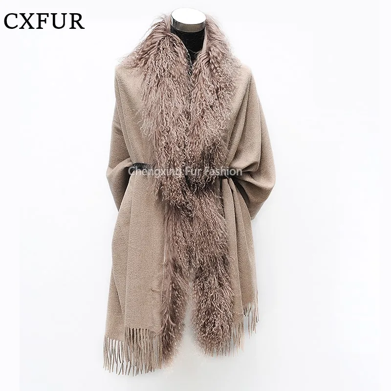 

Real Mongolian Lamb Fur Trim Wool Blends Women Winter Shawl CX-B-P-04F