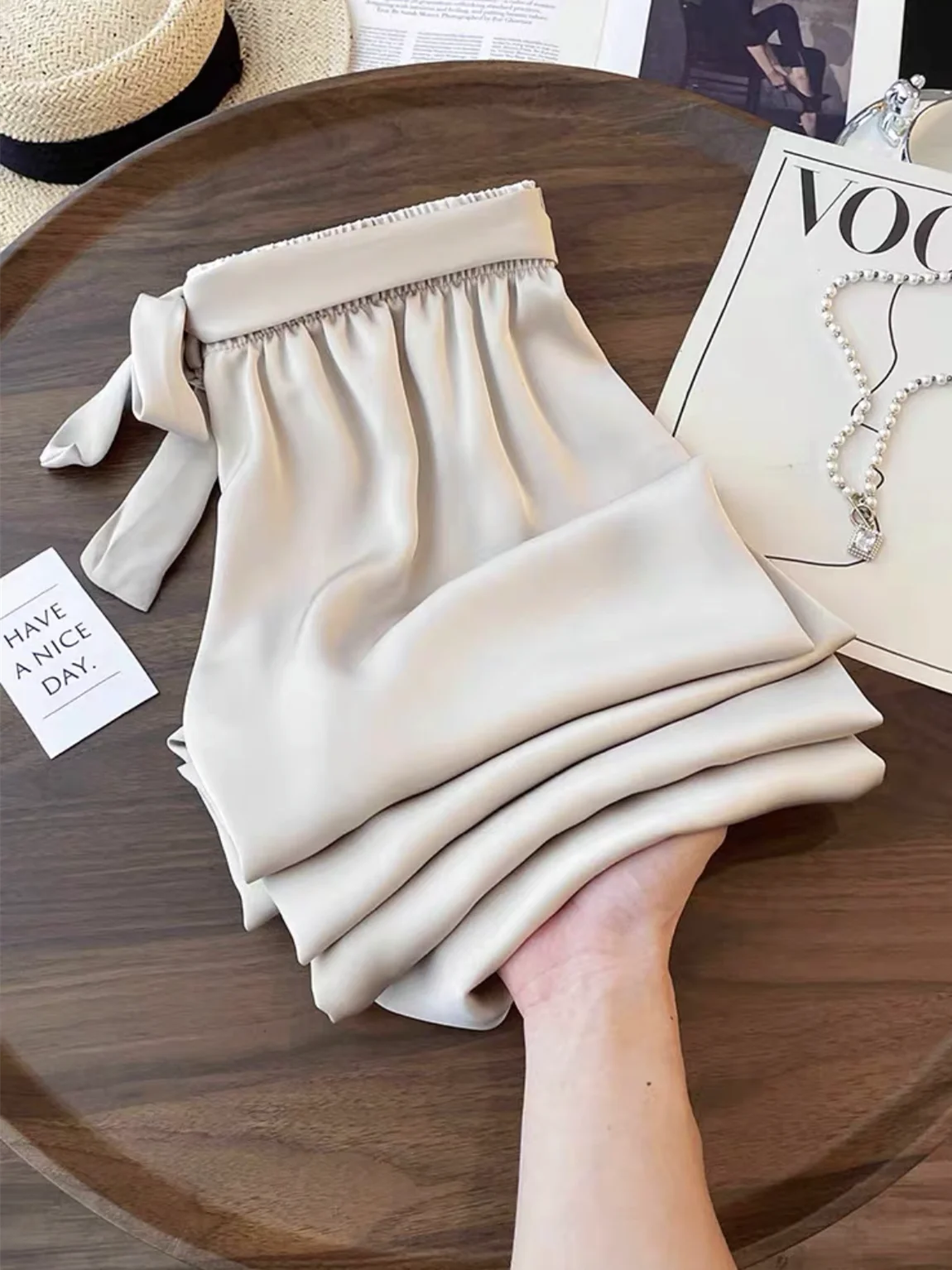 High Waist Ice Silk Acetate Wide Leg Pants for Women Summer Loose Silk Satin long maxi Trousers Spring lace up plus size pants 6