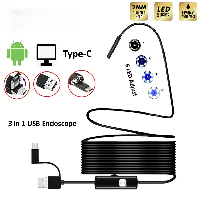 

Endoscope Camera 7MM 3 in 1 USB Mini Camcorders IP67 Waterproof 6 LED Borescope Inspection Camera For Windows Macbook PC Android